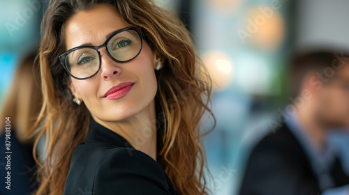 Businesswoman confidently leading a team meeting, highly professional photo picture emphasizing sharp focus and clear expressions, businesswoman, with copy space