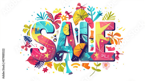 Text design for sale announcement decorated with colorful tropical flowers and plants
