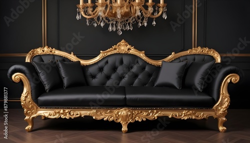 Black luxury silk sofa with golden interior theme photo