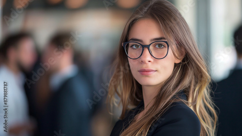 Businesswoman confidently leading a team meeting, highly professional photo picture emphasizing sharp focus and clear expressions, businesswoman, with copy space