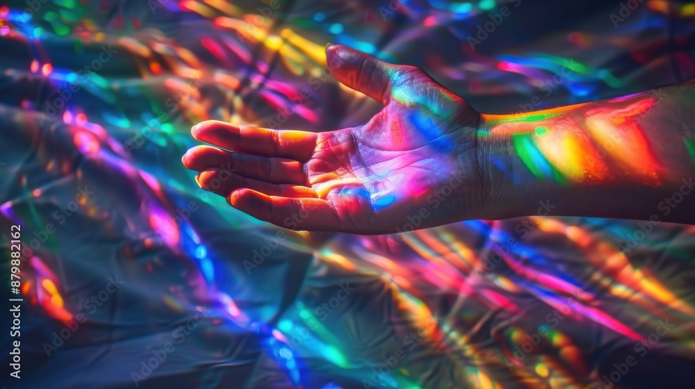 A child's hand reaches towards a display of colorful lights. A child's hand reaches towards a display of colorful lights.