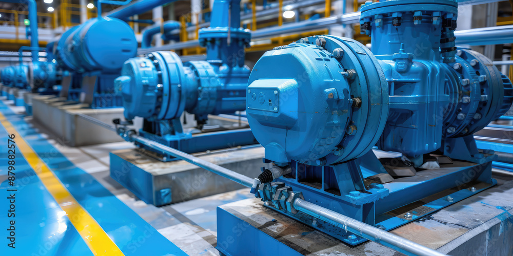 Closeup Pumps and motors in a water distribution facility. Water distribution plant, industry, factory Closeup Pumps and motors in a water distribution facility. Water distribution plant, industry, factory