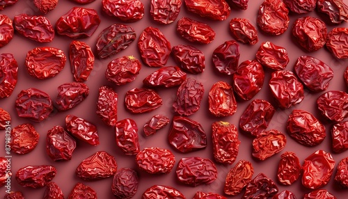 Background of sun-dried tomatoes. Dried tomatoes top view. Dried tomatoes.