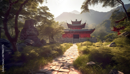 a red building with a red roof is surrounded by trees and mountains