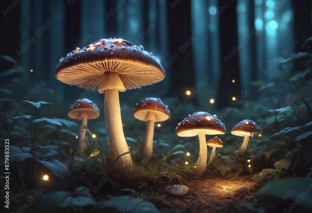 Fototapeta premium Close-up of a glowing mushroom with fireflies in magical forest at night, blurred background