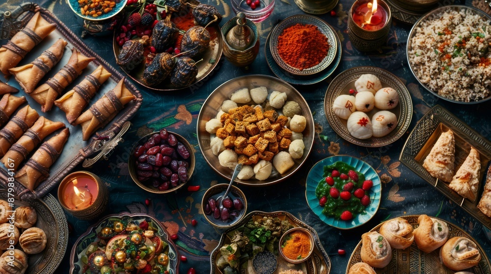 Ramadan iftars marks the end of fasting. Table with dates, Oriental food and sweets. Eid mubarak. Traditional Middle Eastern cuisine, evening meal 