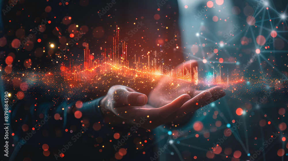 An entrepreneur with a glow light in his hand A dark-colored digital marketing data graph. 3D representation in technological ideas. An entrepreneur with a glow light in his hand A dark-colored digital marketing data graph. 3D representation in technological ideas.