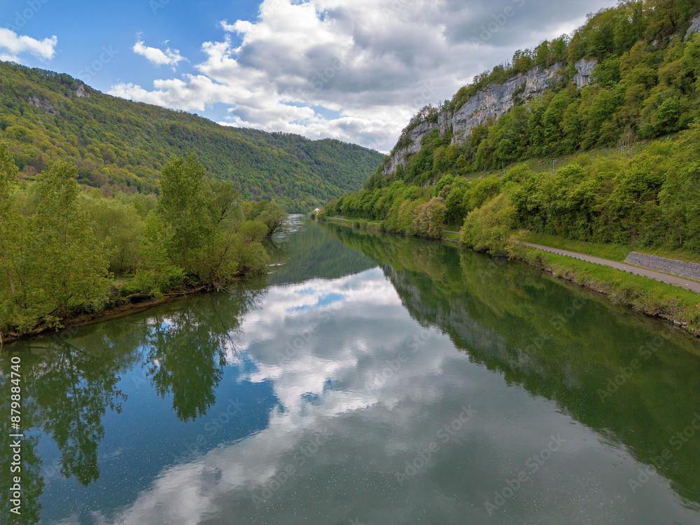 Landscape with fields, mountains and river in France near Besancon in spring, Franche-Comte Landscape with fields, mountains and river in France near Besancon in spring, Franche-Comte
