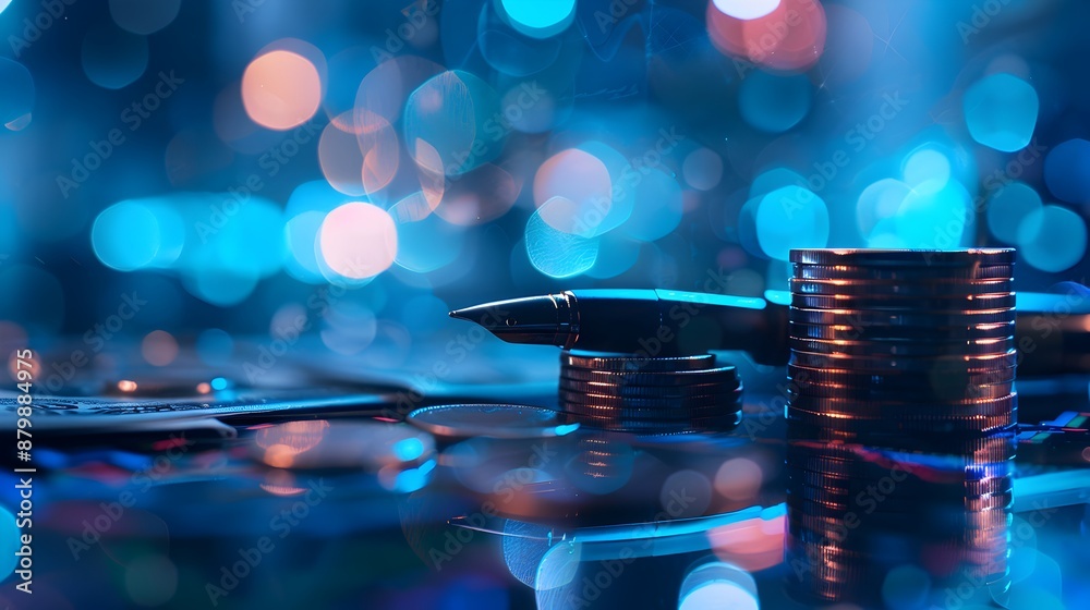Economy and finance background with money coins , pen and stocks market graphs in blurry backdrop Economy and finance background with money coins , pen and stocks market graphs in blurry backdrop