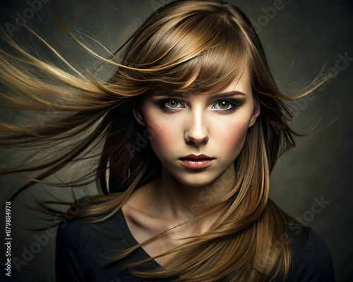 Studio portrait of a girl with a side-swept bangs hairstyle, highlighting a dramatic side sweep. photo