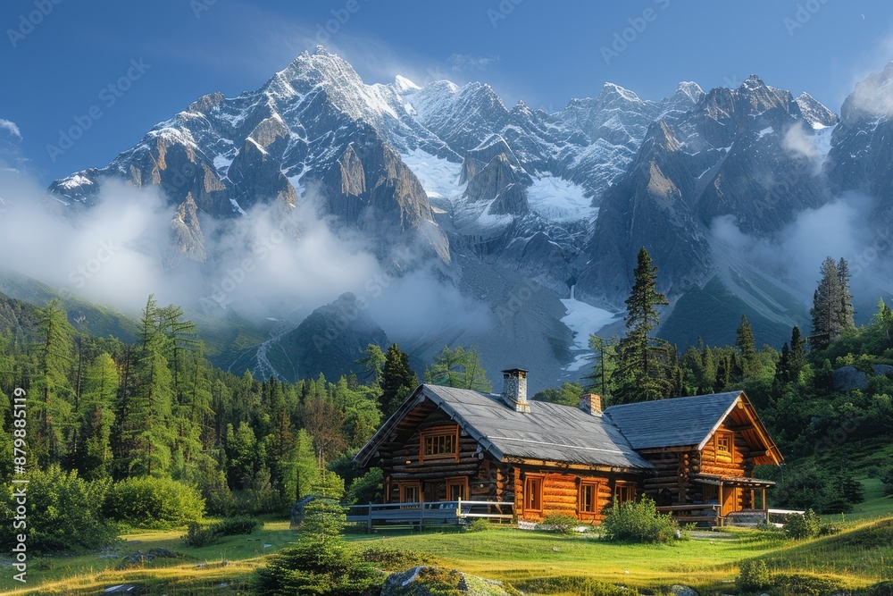 A serene mountain cabin surrounded by pine trees, with smoke gently rising from the chimney and snow-capped peaks in the distance. A serene mountain cabin surrounded by pine trees, with smoke gently rising from the chimney and snow-capped peaks in the distance.