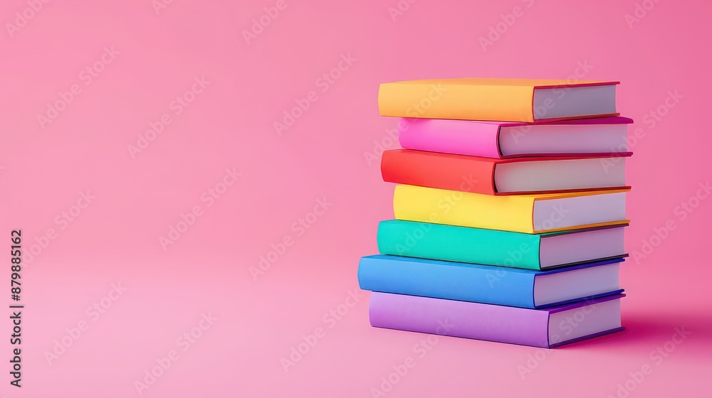Stack of colorful books on pink background, lgbtq+ concept.