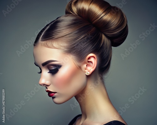 Close-up of a girl with a sleek high bun hairstyle, featuring a high and sleek bun.