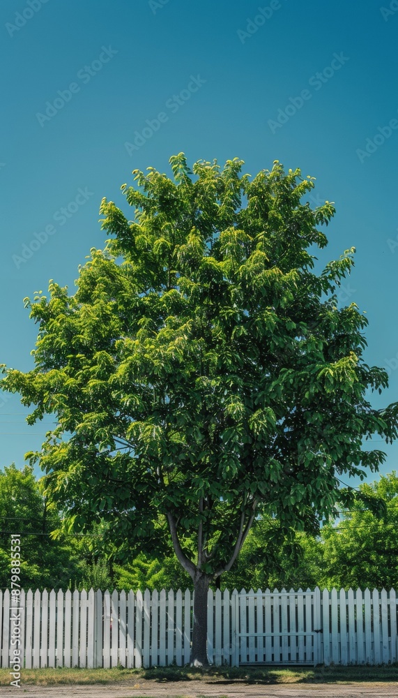 Fototapeta premium Ornamental tree adorned with lush green leaves, standing tall over a white fence against clear blue