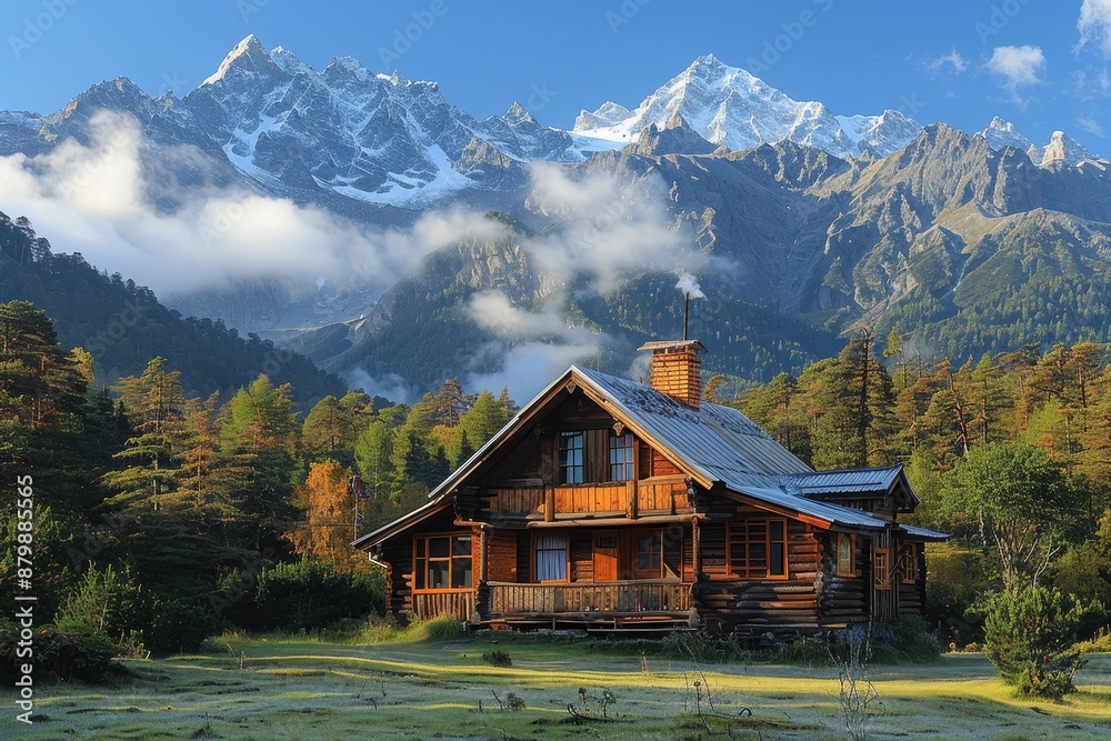 Fototapeta premium A serene mountain cabin surrounded by pine trees, with smoke gently rising from the chimney and snow-capped peaks in the distance.