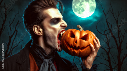 Halloween scene with vampire biting into jack-o'-lantern pumpkin, blood dripping from fangs, under full moon and eerie sky, surrounded by bare trees, capturing essence of horror and thrill photo