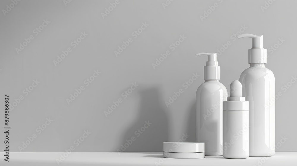 Cosmetic products in white bottles on gray background with space for text Cosmetic products in white bottles on gray background with space for text