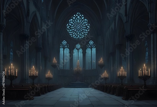 A dark, gothic cathedral interior with tall arched windows, candles, and a mysterious, ethereal atmosphere