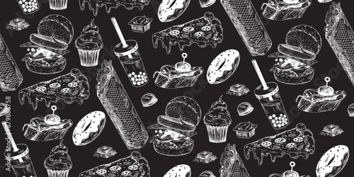 Seamless pattern with fast food. Drawn on chalkboard sketch style shawarma, bubble tea, pizza, burger, chocolate, donut, cupcake, tapas. Hand drawn background with street food. Engraved illustrations