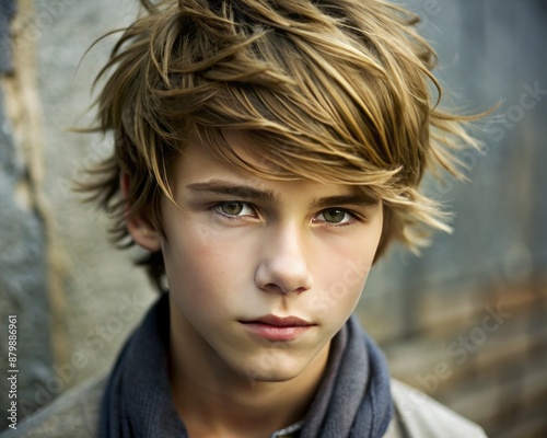 Close-up of a boy with a tousled side swept hairstyle, capturing a casual and swept-over look. photo