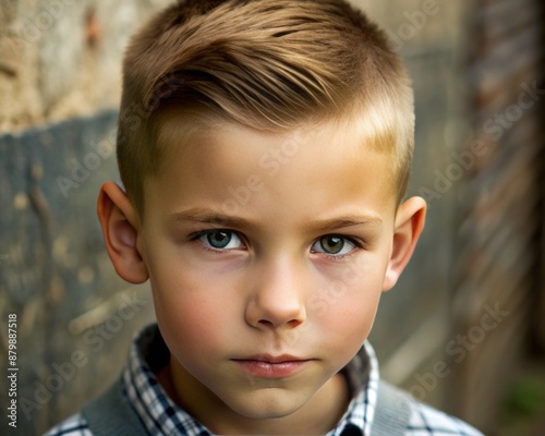 Close-up of a boy with a classic crew cut hairstyle, showcasing a neat and timeless look.