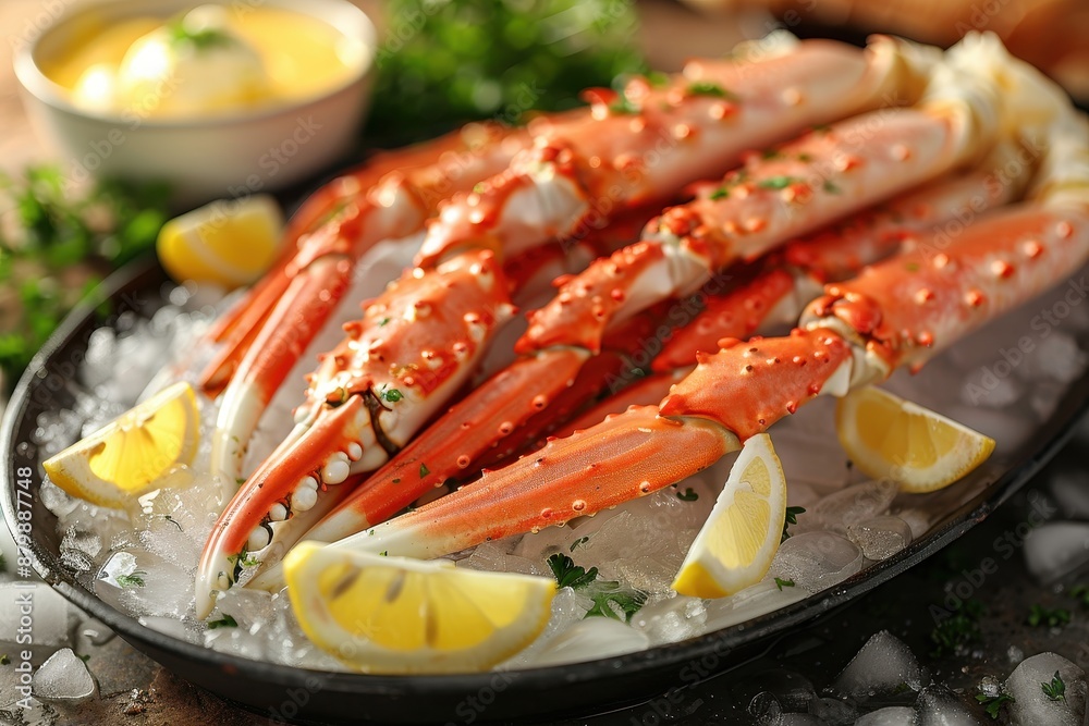 A serving of Alaskan king crab legs, presented on a bed of crushed ice with lemon wedges and a bowl of melted butter. A serving of Alaskan king crab legs, presented on a bed of crushed ice with lemon wedges and a bowl of melted butter.