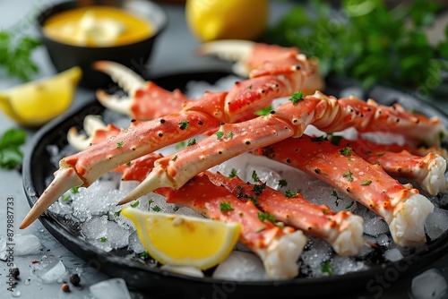 A serving of Alaskan king crab legs, presented on a bed of crushed ice with lemon wedges and a bowl of melted butter. photo