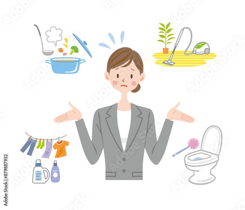 仕事と家事の両立のイラスト　ストレス　忙しい母親　働く女性