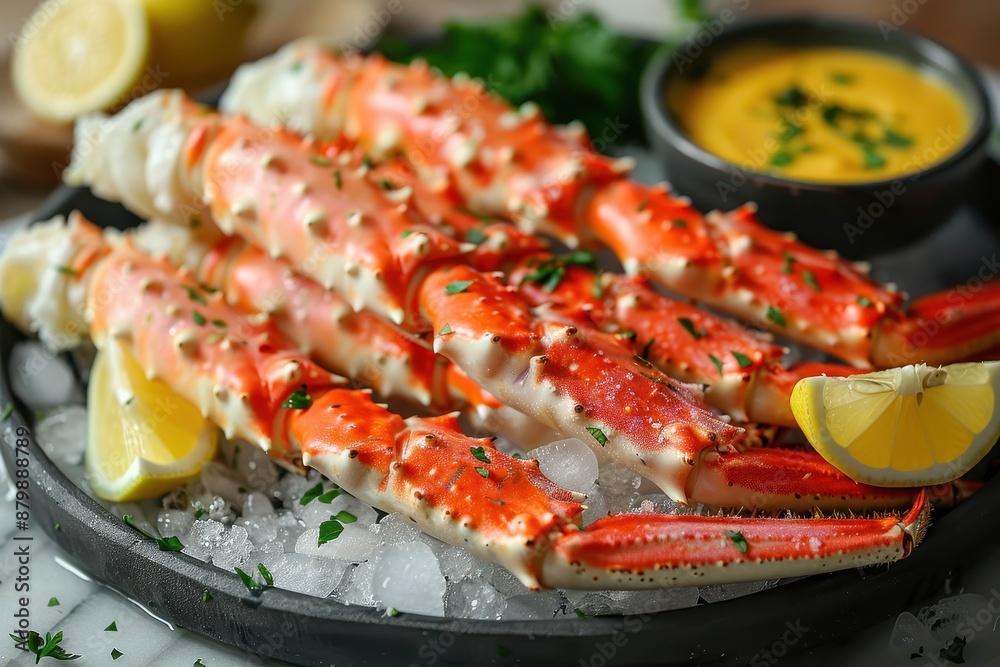 A serving of Alaskan king crab legs, presented on a bed of crushed ice with lemon wedges and a bowl of melted butter. A serving of Alaskan king crab legs, presented on a bed of crushed ice with lemon wedges and a bowl of melted butter.