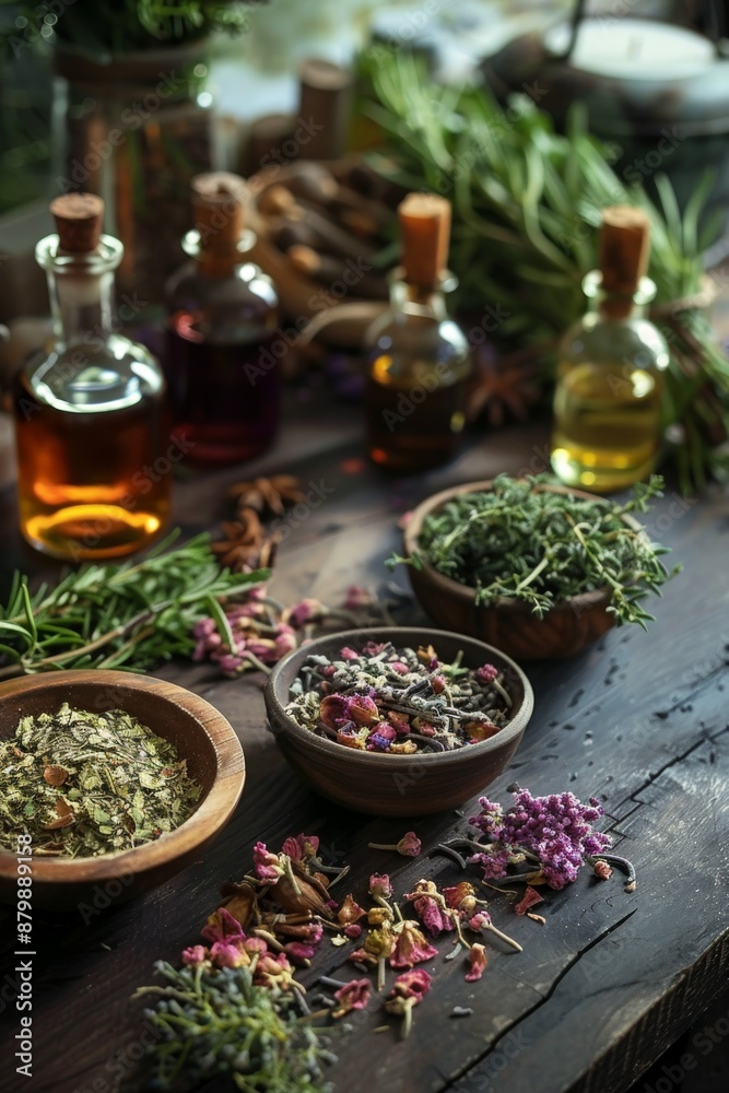 Tranquil herbal apothecary setting, showcasing organic cosmetics alongside gathered dried herbs