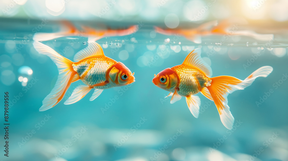 Two goldfish swim underwater, illuminated by a beautiful bokeh light effect, creating a serene and vibrant scene Two goldfish swim underwater, illuminated by a beautiful bokeh light effect, creating a serene and vibrant scene