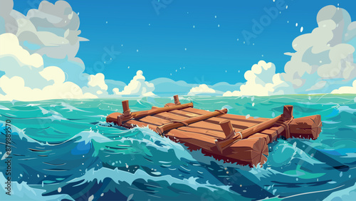 Wooden Raft in the Middle of a Raging Sea Cartoon Game Background Adventure Survival Ocean Waves Stormy Weather Illustration Nautical Journey Maritime Perilous Waters