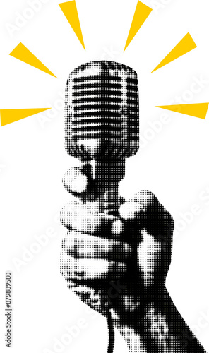 Microphone in hand collage element on transparent background, Microphone punk y2k collage element, Retro magazine clipping. Microphone halftone with isolated clipping path. Generative AI