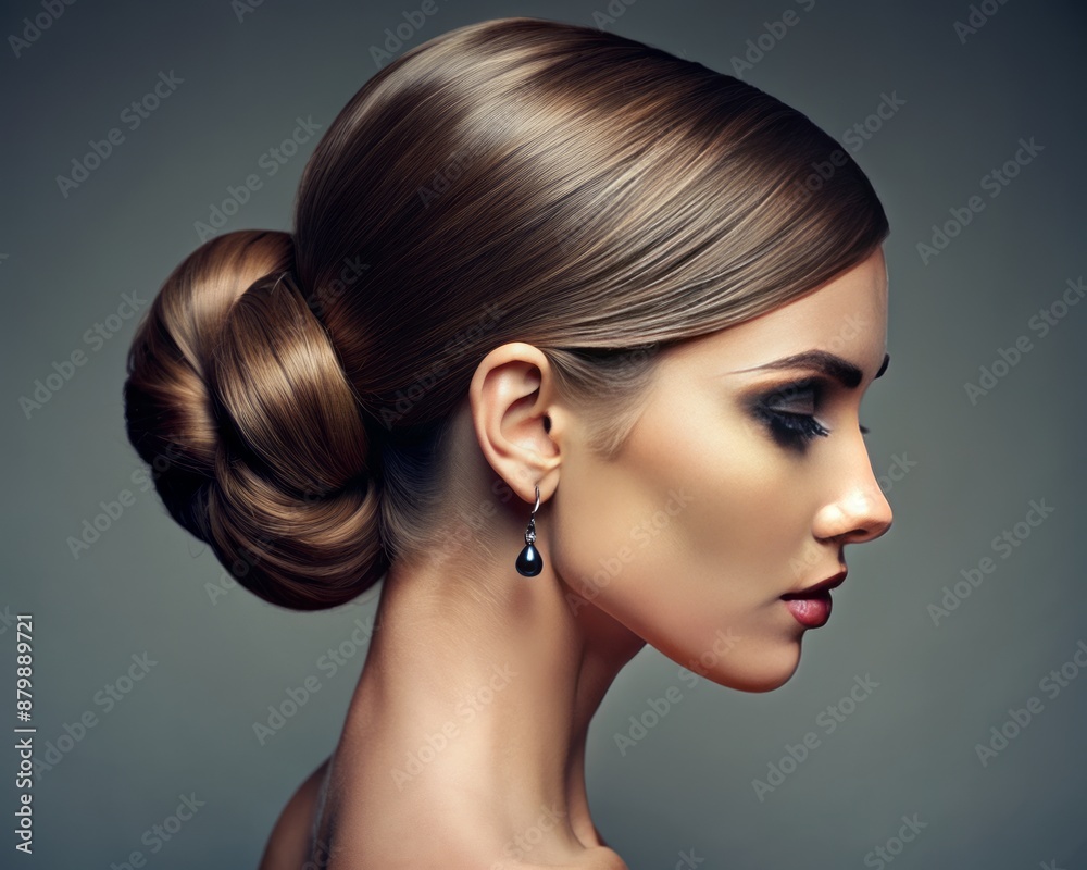 Naklejka premium Close-up of a woman with a sleek low bun hairstyle, emphasizing a low and elegant bun.