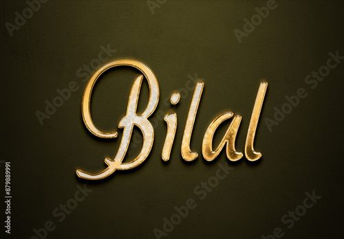 Old gold text effect of Arabic name Bilal with 3D glossy style Mockup. photo
