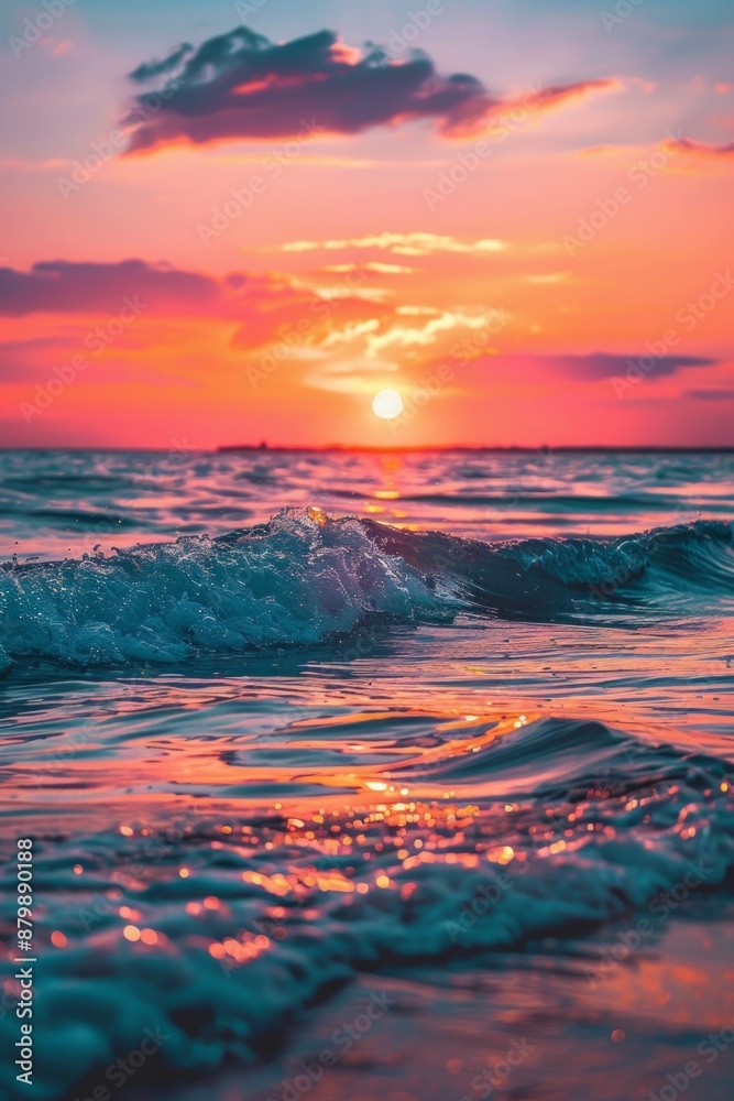 Vibrant sunset over calm ocean, sky painted in brilliant shades of orange, pink Vibrant sunset over calm ocean, sky painted in brilliant shades of orange, pink