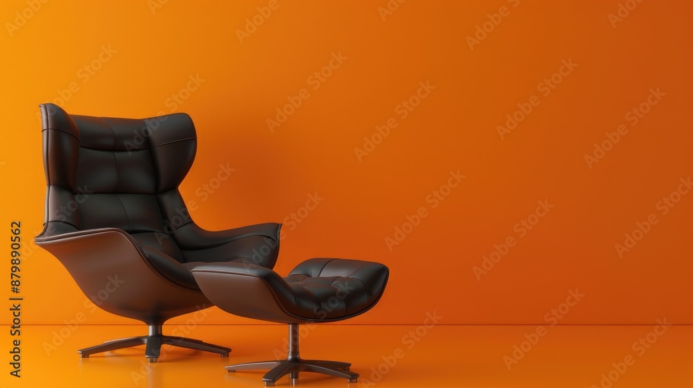 Black comfy chair and footrest on orange backdrop Black comfy chair and footrest on orange backdrop