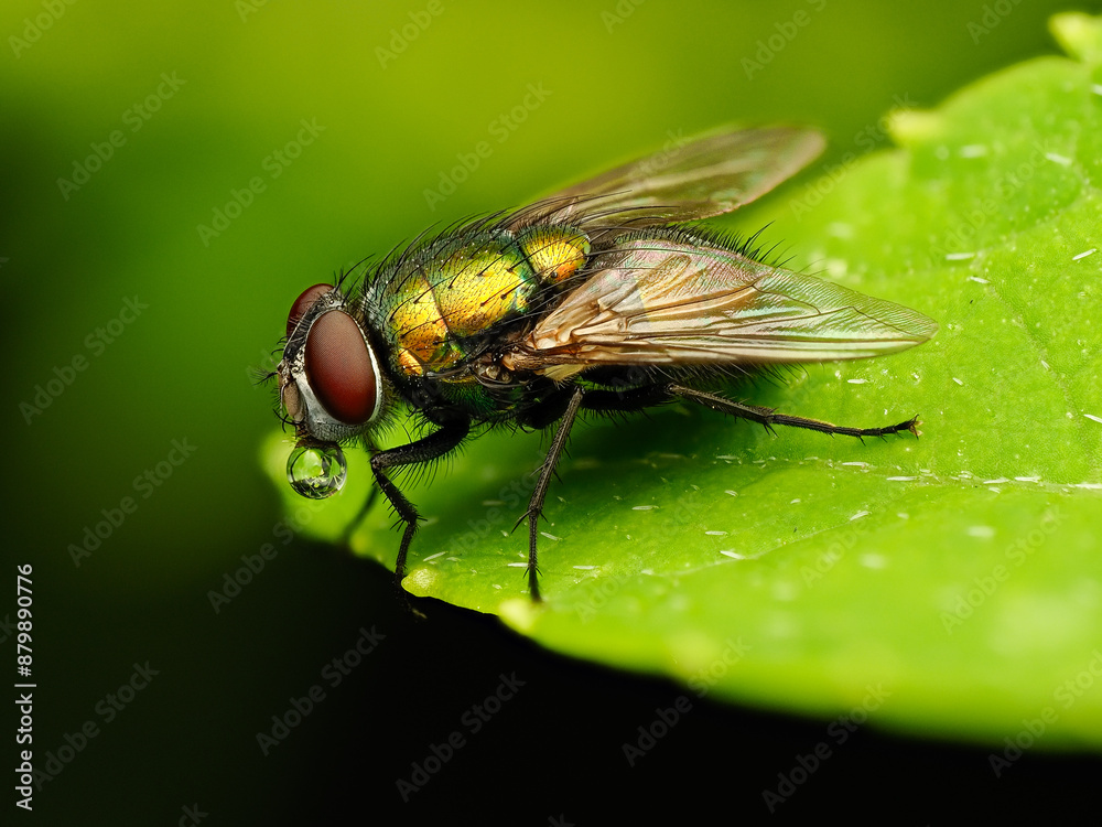 Macro photo of House fly excreting water dropplet from its mouth. The dropplet act as a lense with the surrounding background Macro photo of House fly excreting water dropplet from its mouth. The dropplet act as a lense with the surrounding background
