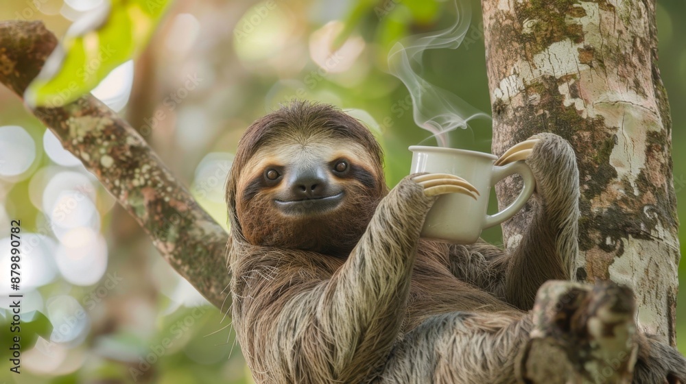 Fototapeta premium A cute sloth holding a steaming cup of coffee while lounging in a tree
