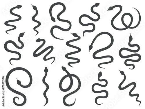 Snake silhouettes set. Black color snakes with different shapes. Wild animals or nature theme. Vector illustration on white background.