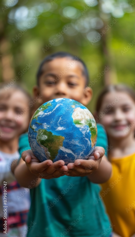 Children of diverse backgrounds hold model of planet Earth against blurred nature backdrop Children of diverse backgrounds hold model of planet Earth against blurred nature backdrop