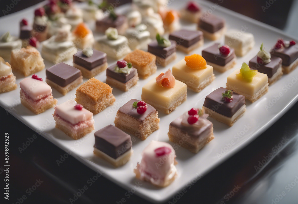 A plate of delicate petit fours with assorted fillings and icings elegantly decorated and arranged i A plate of delicate petit fours with assorted fillings and icings elegantly decorated and arranged i