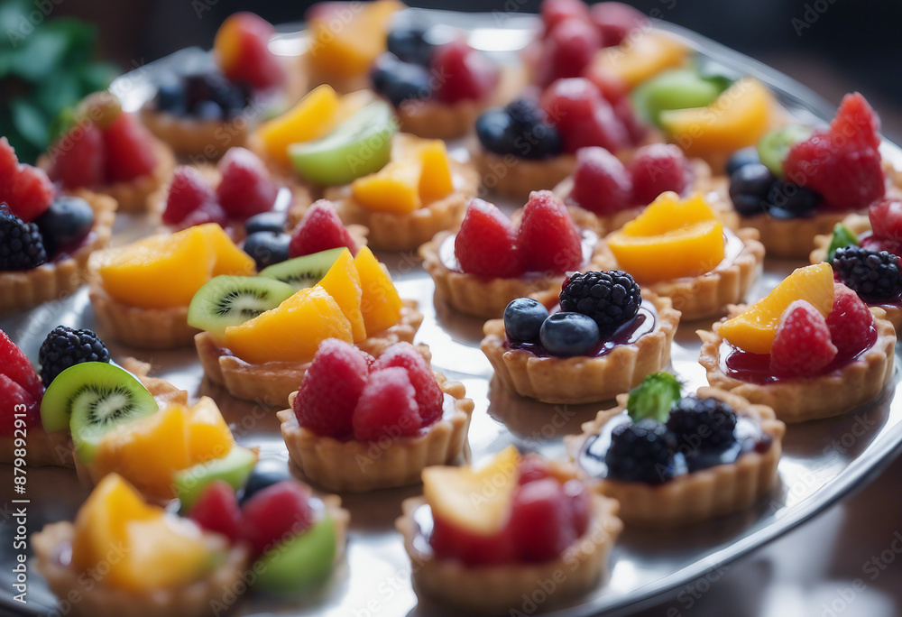 A selection of colorful fruit tarts with creamy fillings and glazed fruit toppings arranged on a sil A selection of colorful fruit tarts with creamy fillings and glazed fruit toppings arranged on a sil