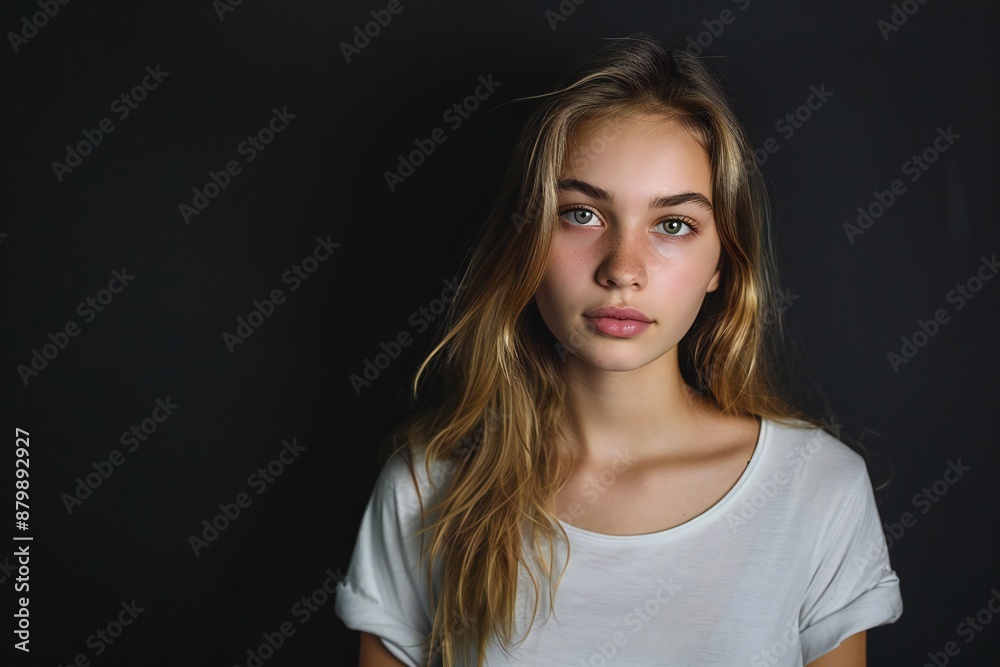 Portrait of lovely young girl look empty space wear shirt isolated on black color background Portrait of lovely young girl look empty space wear shirt isolated on black color background