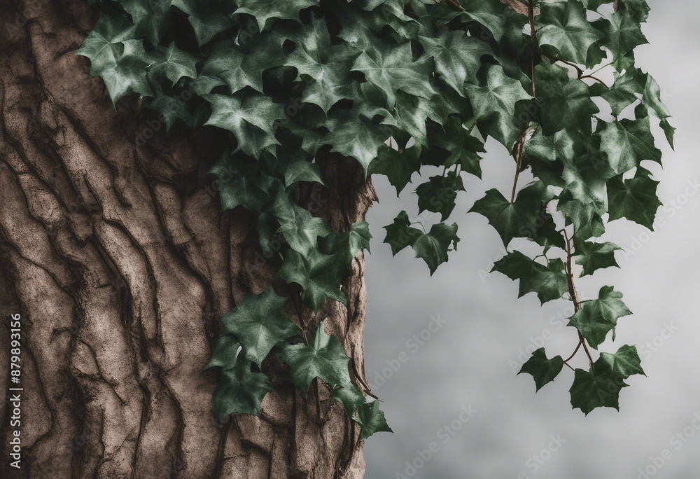 A shadowy ivy creeper climbing over a rough bark-blank covered tree branch isolated on transparent b A shadowy ivy creeper climbing over a rough bark-blank covered tree branch isolated on transparent b