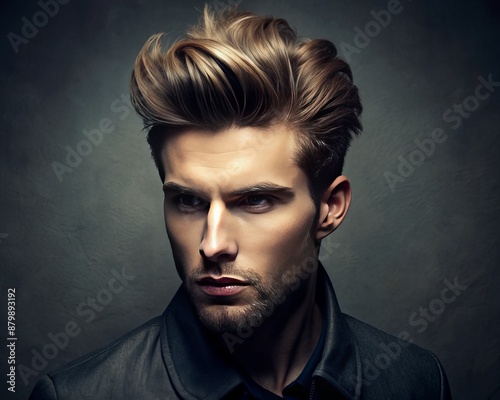 Studio portrait of a man with a textured quiff hairstyle, emphasizing height and texture. photo