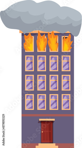 Illustration of a multi storey building with smoke billowing from its windows, engulfed in flames