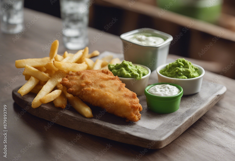 A traditional British fish and chips served with mushy peas and tartar sauce isolated on transparent A traditional British fish and chips served with mushy peas and tartar sauce isolated on transparent
