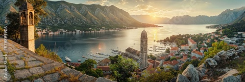 Kotor, Montenegro, panorama featuring an old church, sunlit harbor with boats, and tranquil Boka photo