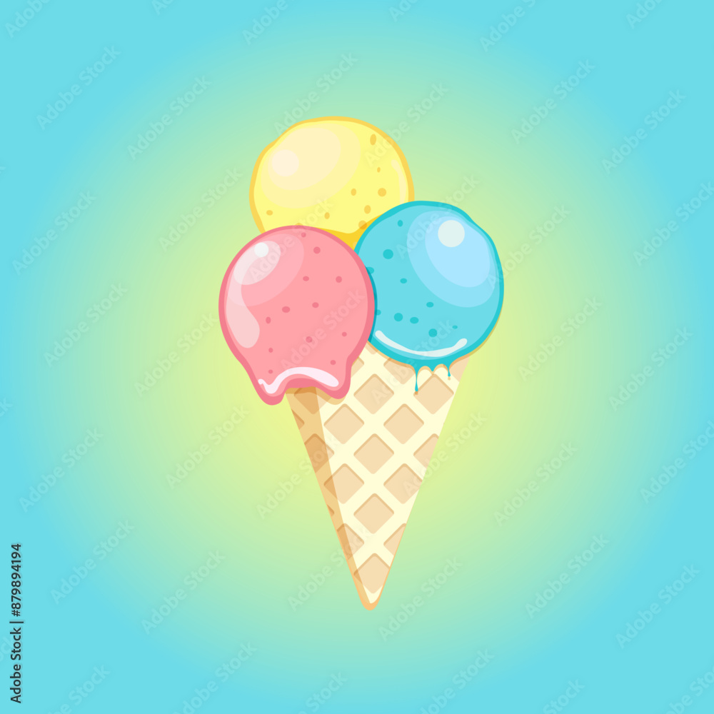 Melting ice-cream and waffle cone.Tasty and delicious summer dessert in cartoon style. Melting ice-cream and waffle cone.Tasty and delicious summer dessert in cartoon style.